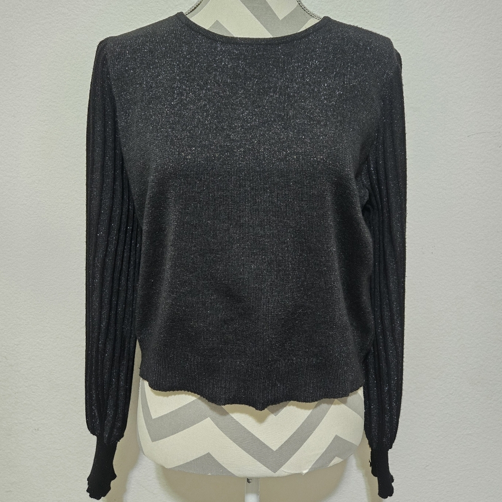 Nanette Lepore Black and Silver Sparkle Knit Sweater Ribbed Sleeves Size Large - Picture 14 of 14